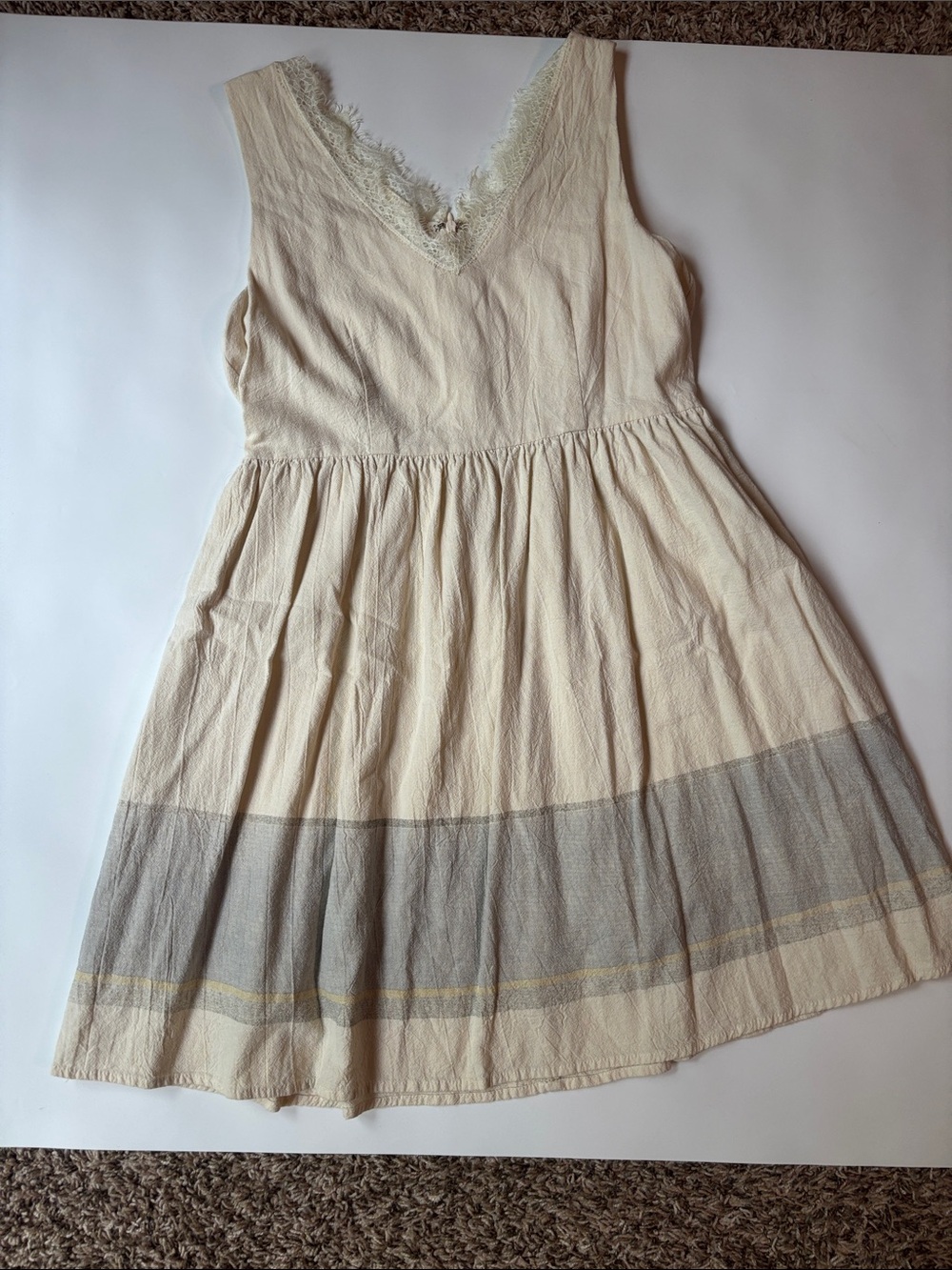 Hem & Thread Cream Lace V-Neck Casual Dress with Gray Stripe